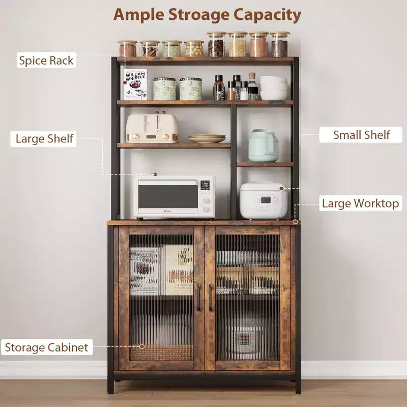 Scaffale per panettiere vintage a 5 livelli con armadietto e supporto per microonde, scaffale portaoggetti da cucina da 162 cm con ganci e ante, grande stazione per il caffè