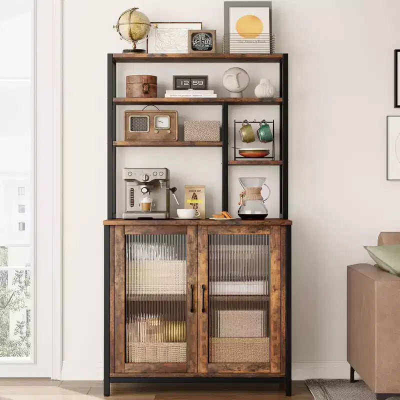 Scaffale per panettiere vintage a 5 livelli con armadietto e supporto per microonde, scaffale portaoggetti da cucina da 162 cm con ganci e ante, grande stazione per il caffè