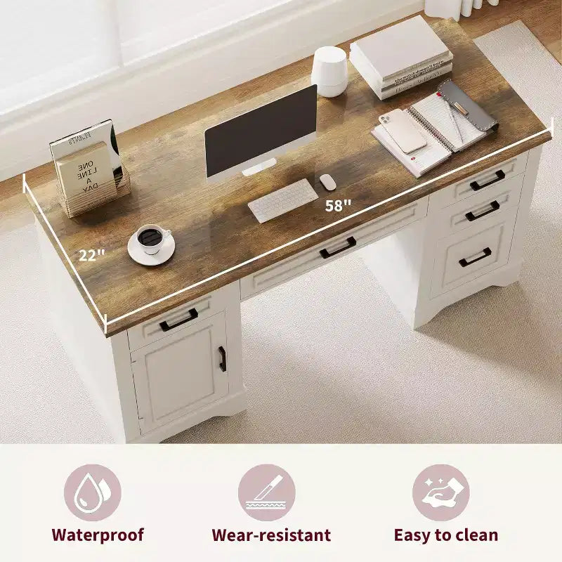 Scrivania direzionale da casa colonica con contenitore, scrivania in legno con 5 cassetti e armadietto, tavolo da computer rustico per soggiorno, camera da letto e studio