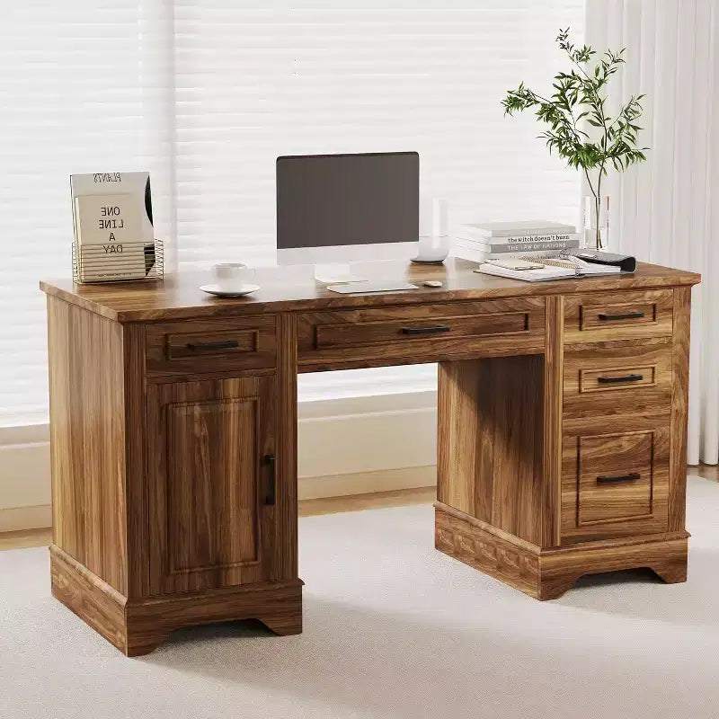 Scrivania direzionale da casa colonica con contenitore, scrivania in legno con 5 cassetti e armadietto, tavolo da computer rustico per soggiorno, camera da letto e studio