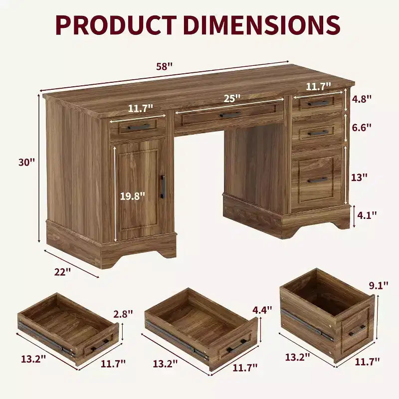 Scrivania direzionale da casa colonica con contenitore, scrivania in legno con 5 cassetti e armadietto, tavolo da computer rustico per soggiorno, camera da letto e studio
