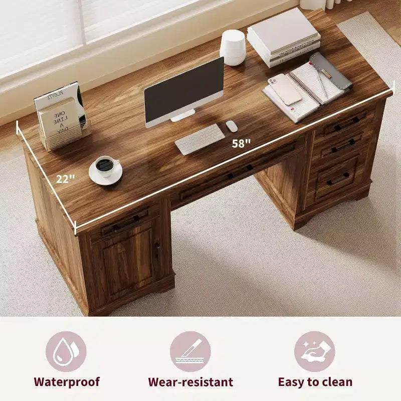Scrivania direzionale da casa colonica con contenitore, scrivania in legno con 5 cassetti e armadietto, tavolo da computer rustico per soggiorno, camera da letto e studio