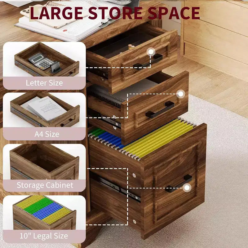 Scrivania direzionale da casa colonica con contenitore, scrivania in legno con 5 cassetti e armadietto, tavolo da computer rustico per soggiorno, camera da letto e studio
