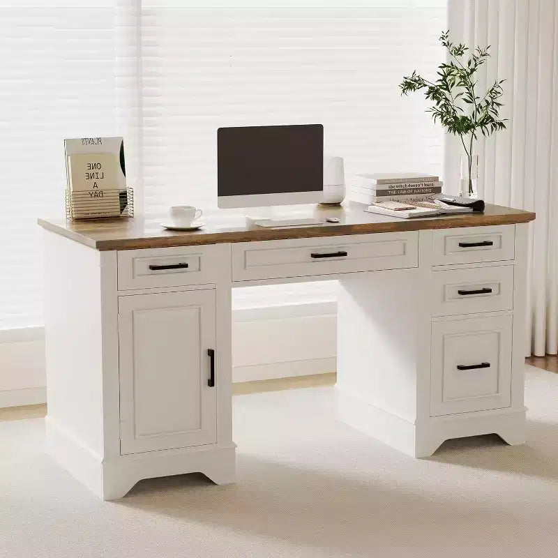 Scrivania direzionale da casa colonica con contenitore, scrivania in legno con 5 cassetti e armadietto, tavolo da computer rustico per soggiorno, camera da letto e studio