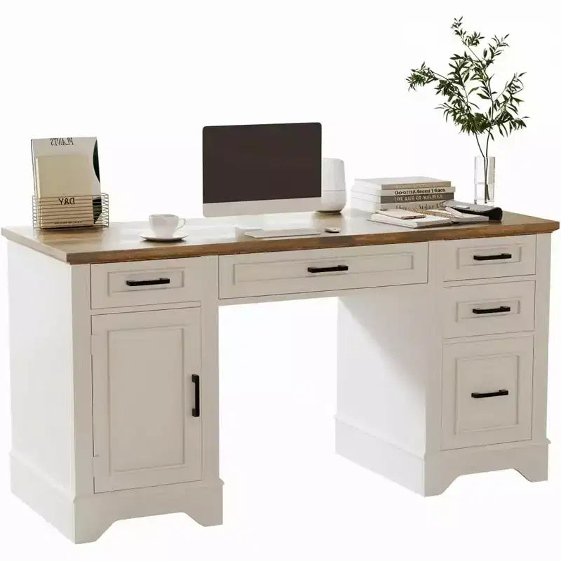 Scrivania direzionale da casa colonica con contenitore, scrivania in legno con 5 cassetti e armadietto, tavolo da computer rustico per soggiorno, camera da letto e studio