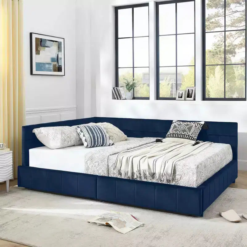 Letto Imbottito con Contenitore Queen Size, Capitonnè con Schienale e Braccioli per Camera da Letto Blu