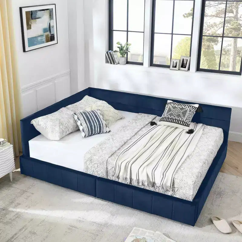 Letto Imbottito con Contenitore Queen Size, Capitonnè con Schienale e Braccioli per Camera da Letto Blu