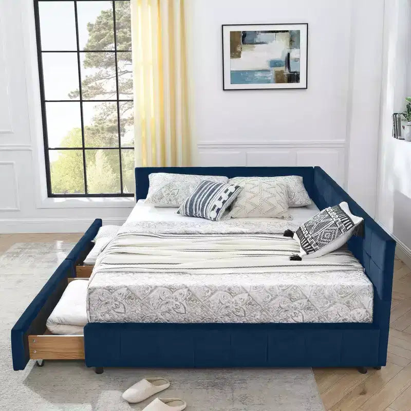 Letto Imbottito con Contenitore Queen Size, Capitonnè con Schienale e Braccioli per Camera da Letto Blu