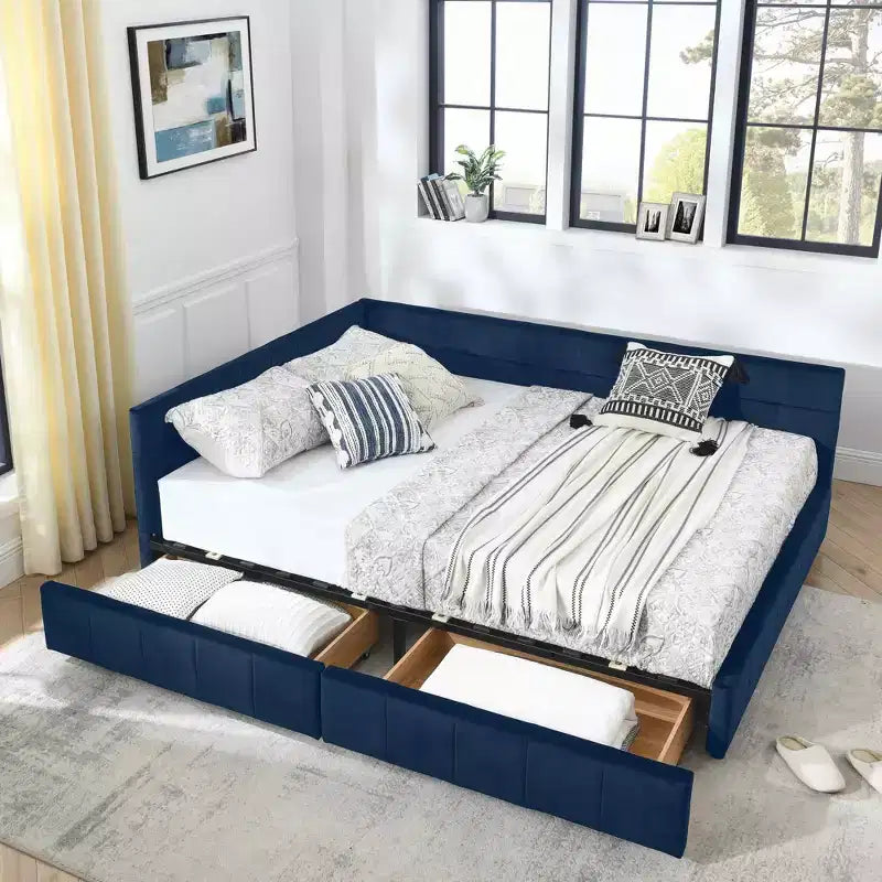 Letto Imbottito con Contenitore Queen Size, Capitonnè con Schienale e Braccioli per Camera da Letto Blu