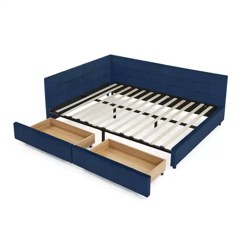 Letto Imbottito con Contenitore Queen Size, Capitonnè con Schienale e Braccioli per Camera da Letto Blu