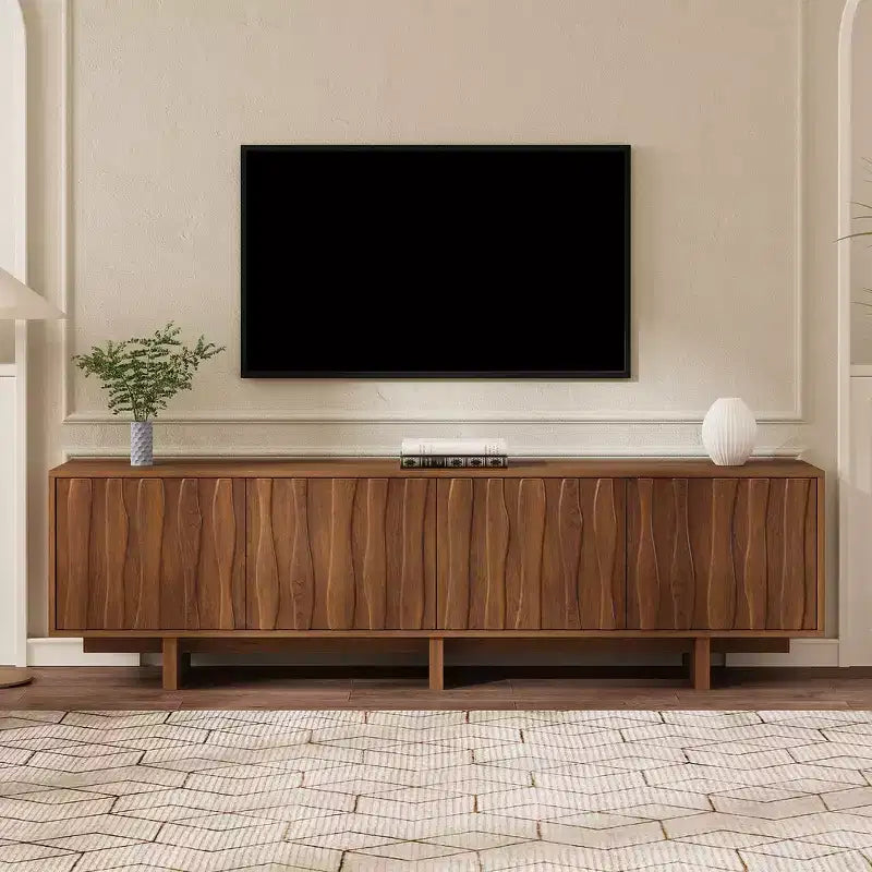 Mobile TV in Legno Effetto Venato Stile Retrò, Console Multimediale Rustica, Mobile TV Robusto con Anta Ondulata per TV fino a 75 pollici