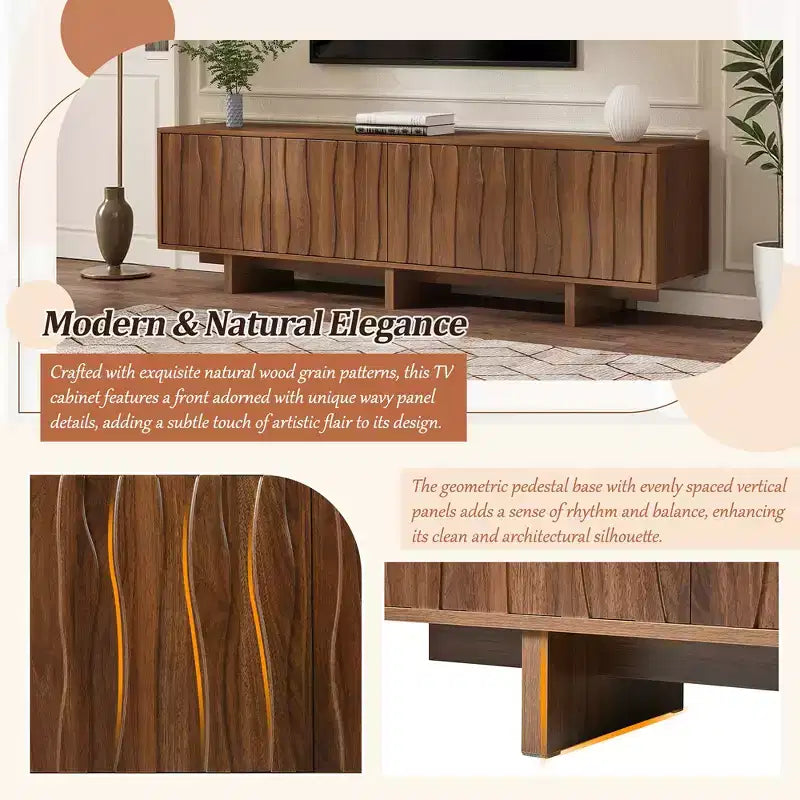 Mobile TV in Legno Effetto Venato Stile Retrò, Console Multimediale Rustica, Mobile TV Robusto con Anta Ondulata per TV fino a 75 pollici