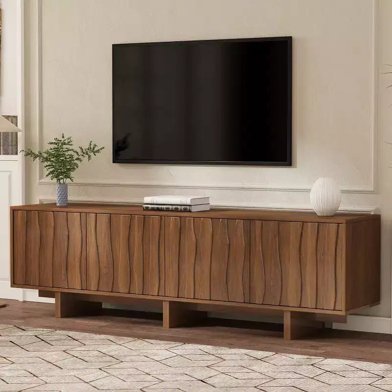 Mobile TV in Legno Effetto Venato Stile Retrò, Console Multimediale Rustica, Mobile TV Robusto con Anta Ondulata per TV fino a 75 pollici