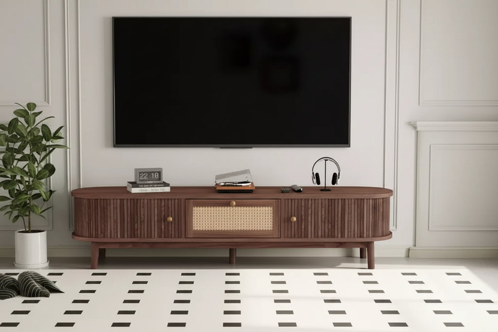 JVNOXKModern Design TV Stand for 75 TVs, Media Console TV Cabinet with Rattan-Front Drawer for Living Room, 1 Drawer and 2 Sliding-Door Cabinets