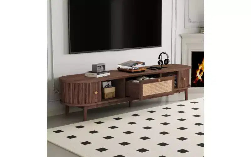 Mobile TV di design moderno per TV da 75 pollici, mobile TV con cassetto frontale in rattan per soggiorno, 1 cassetto e 2 armadietti con ante scorrevoli