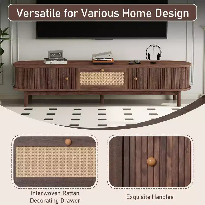 Mobile TV di design moderno per TV da 75 pollici, mobile TV con cassetto frontale in rattan per soggiorno, 1 cassetto e 2 armadietti con ante scorrevoli