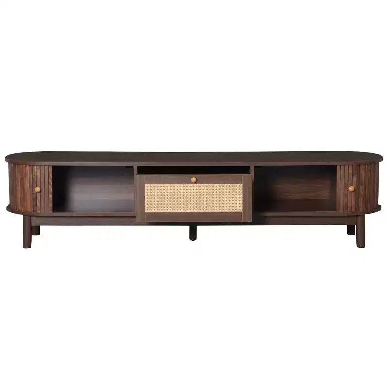 Mobile TV di design moderno per TV da 75 pollici, mobile TV con cassetto frontale in rattan per soggiorno, 1 cassetto e 2 armadietti con ante scorrevoli