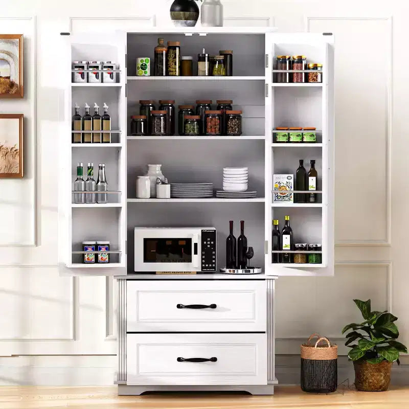 Elegante mobile dispensa da cucina coloniale da 71" - 2 ampi cassetti, texture goffrata 8 ripiani sulla porta 3 ripiani nell'armadio per cucina, sala da pranzo