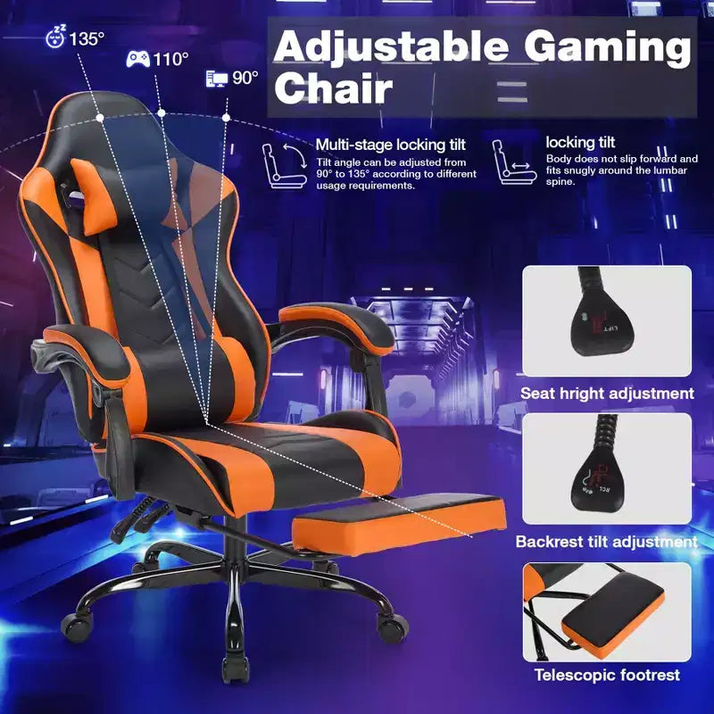 Sedia da Gaming Girevole a 360 Gradi Sedie da Ufficio con Ruote, Schienale Reclinabile, Altezza e Poggiapiedi Regolabili, Sedie da Videogiochi Ergonomiche, Max 136 kg