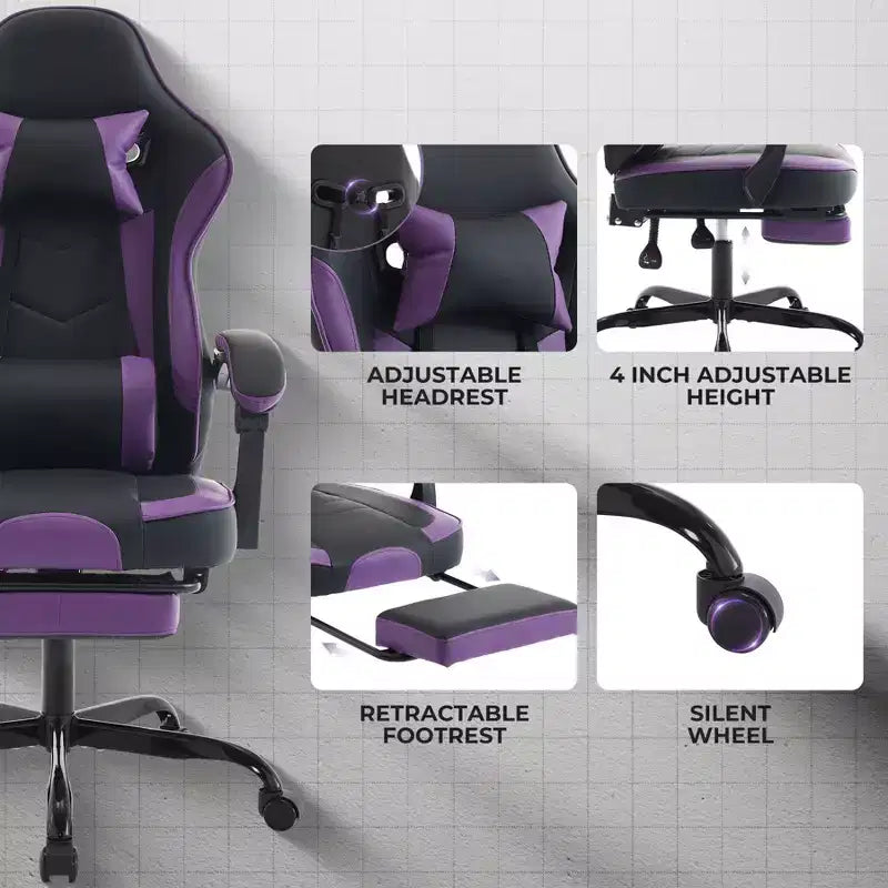 Sedia da Gaming Girevole a 360 Gradi Sedie da Ufficio con Ruote, Schienale Reclinabile, Altezza e Poggiapiedi Regolabili, Sedie da Videogiochi Ergonomiche, Max 136 kg
