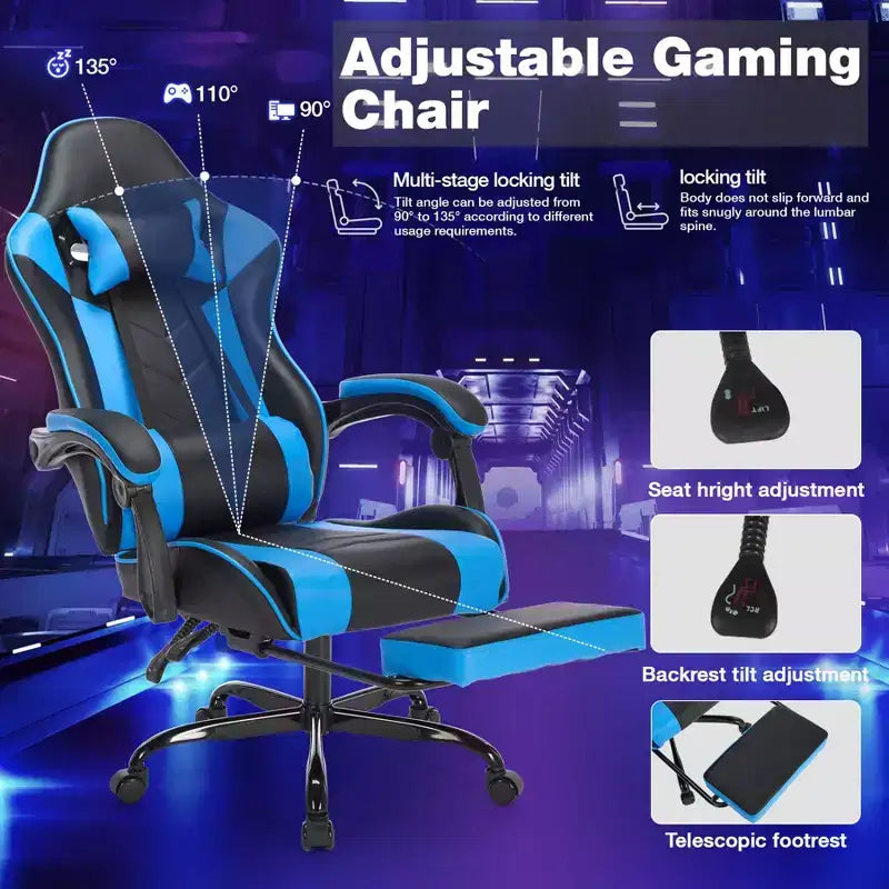 Sedia da Gaming Girevole a 360 Gradi Sedie da Ufficio con Ruote, Schienale Reclinabile, Altezza e Poggiapiedi Regolabili, Sedie da Videogiochi Ergonomiche, Max 136 kg