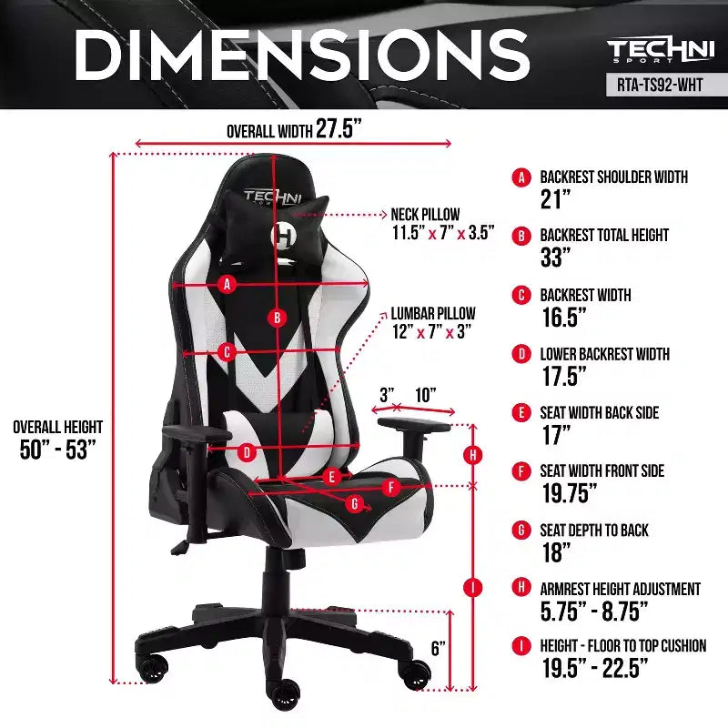 Sedia da gaming ergonomica regolabile, sedia da ufficio girevole a 360° con cuscino poggiatesta e lombare, reclinabile da 90-150° per ufficio e casa, max 113 kg, bianca