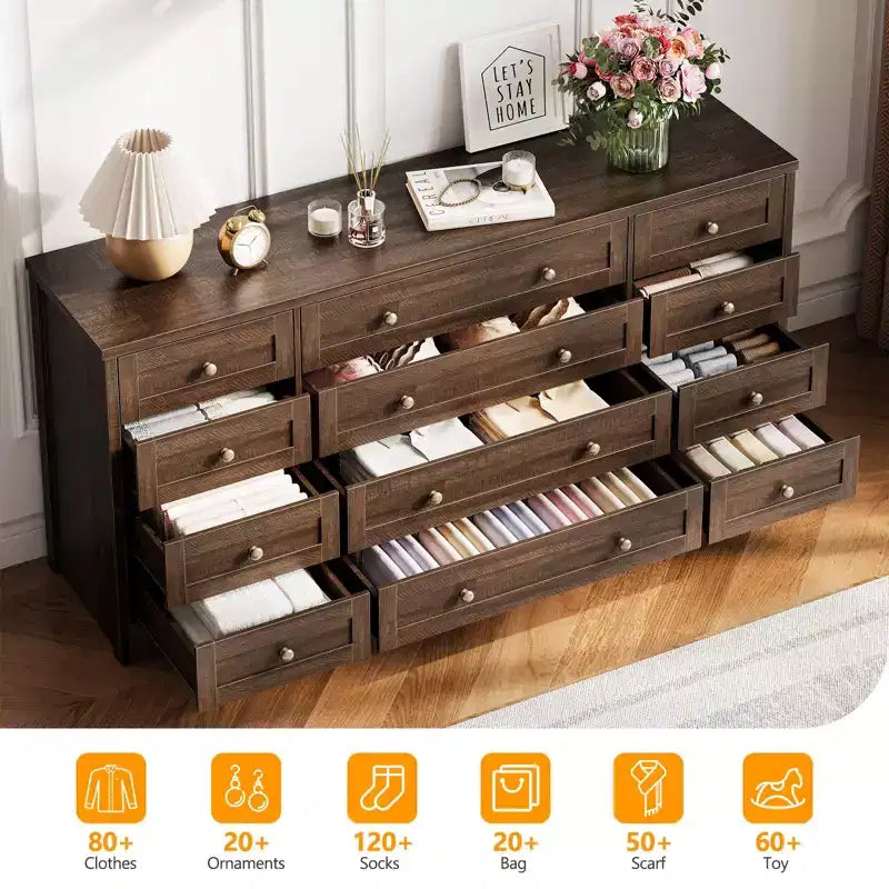 Comò a 12 cassetti, cassettiera in legno larga 160 cm, cassettiera moderna porta TV per TV da 65 pollici, per camera da letto, soggiorno, ingresso