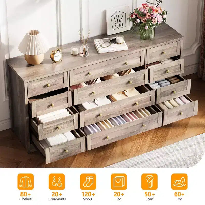 Comò a 12 cassetti, cassettiera in legno larga 160 cm, cassettiera moderna porta TV per TV da 65 pollici, per camera da letto, soggiorno, ingresso