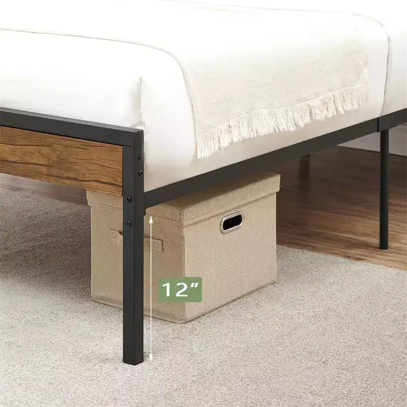 Struttura Letto con Piattaforma Rustica Stile Fattoria con Testiera e Pediera in Legno, Doghe in Metallo-Legno, Contenitore Sotto il Letto, Nessuna Rete a Molle Necessaria