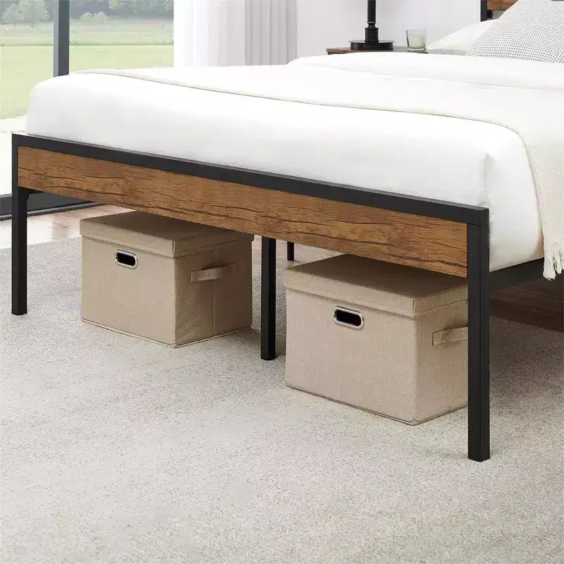 Struttura Letto con Piattaforma Rustica Stile Fattoria con Testiera e Pediera in Legno, Doghe in Metallo-Legno, Contenitore Sotto il Letto, Nessuna Rete a Molle Necessaria