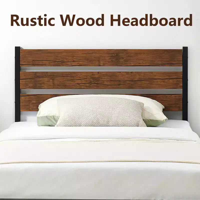 Struttura Letto con Piattaforma Rustica Stile Fattoria con Testiera e Pediera in Legno, Doghe in Metallo-Legno, Contenitore Sotto il Letto, Nessuna Rete a Molle Necessaria