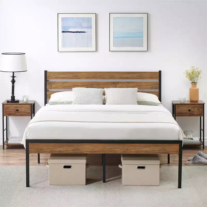 Struttura Letto con Piattaforma Rustica Stile Fattoria con Testiera e Pediera in Legno, Doghe in Metallo-Legno, Contenitore Sotto il Letto, Nessuna Rete a Molle Necessaria