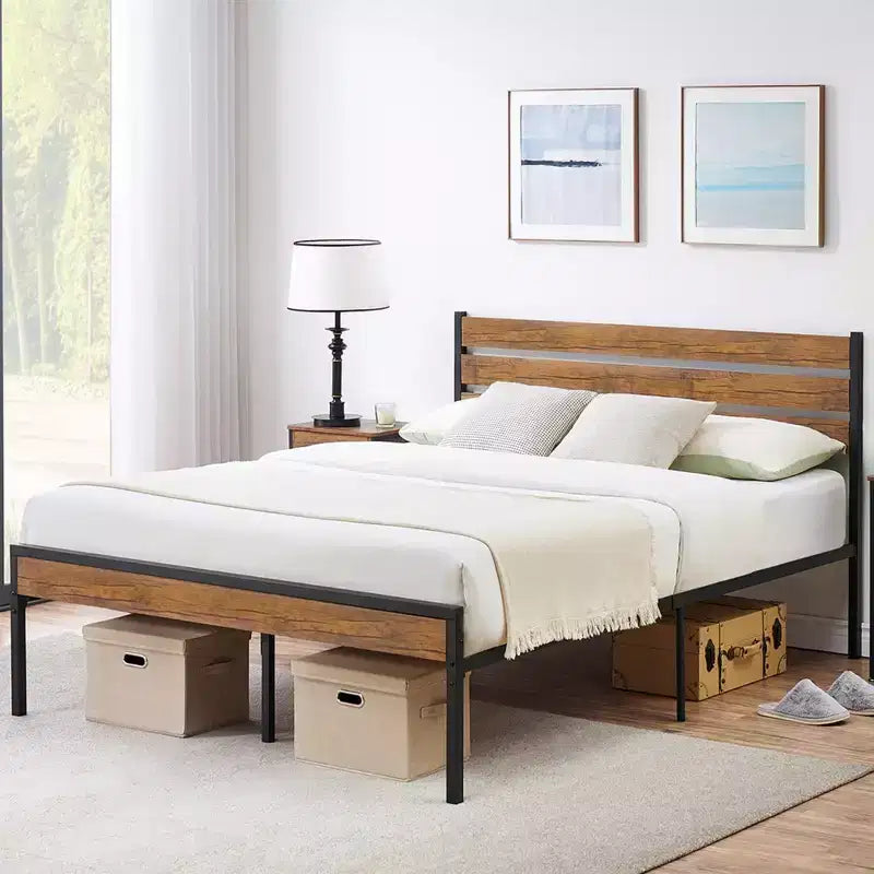 Struttura Letto con Piattaforma Rustica Stile Fattoria con Testiera e Pediera in Legno, Doghe in Metallo-Legno, Contenitore Sotto il Letto, Nessuna Rete a Molle Necessaria