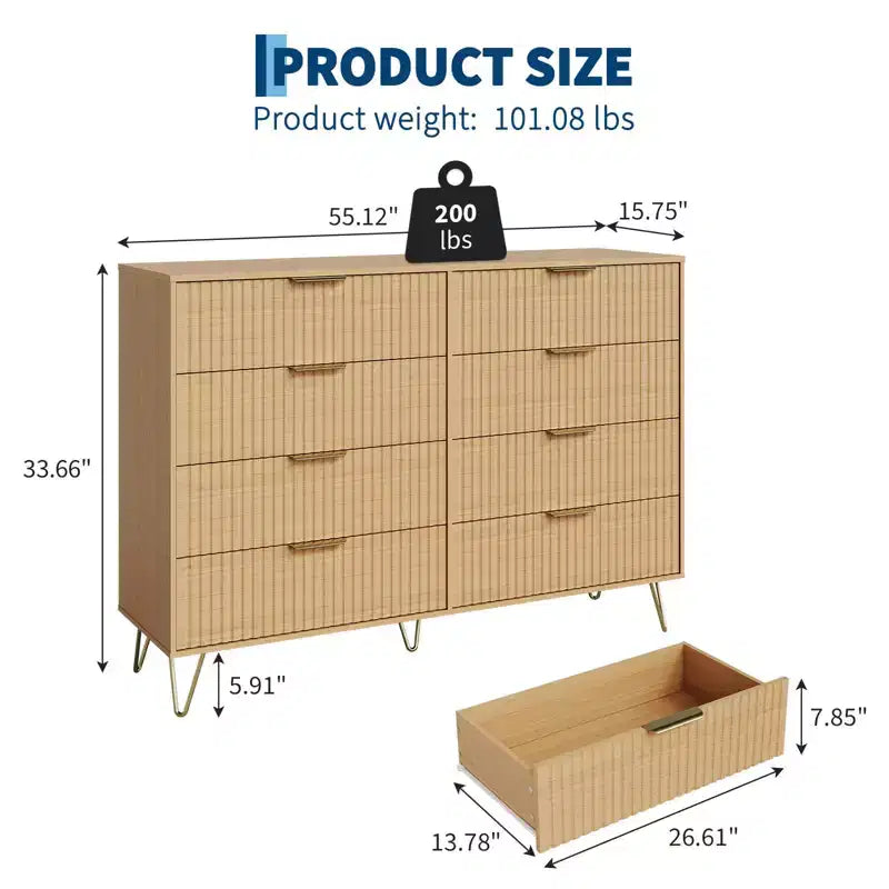 Cassettiera con 8 cassetti scanalati, comò in legno moderno largo 55 cm con maniglie in metallo, cassettiera da camera da letto e mobile TV per soggiorno