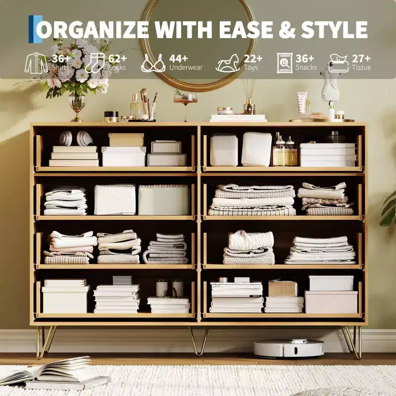 Cassettiera con 8 cassetti scanalati, comò in legno moderno largo 55 cm con maniglie in metallo, cassettiera da camera da letto e mobile TV per soggiorno