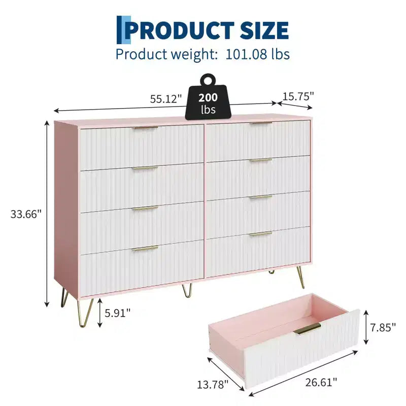 Cassettiera con 8 cassetti scanalati, comò in legno moderno largo 55 cm con maniglie in metallo, cassettiera da camera da letto e mobile TV per soggiorno
