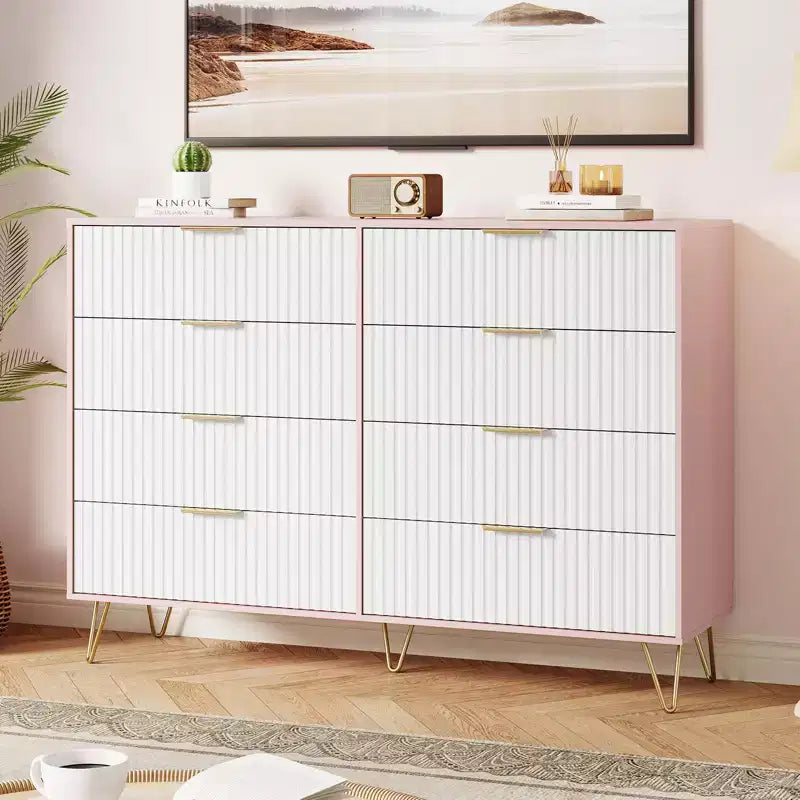 Cassettiera con 8 cassetti scanalati, comò in legno moderno largo 55 cm con maniglie in metallo, cassettiera da camera da letto e mobile TV per soggiorno