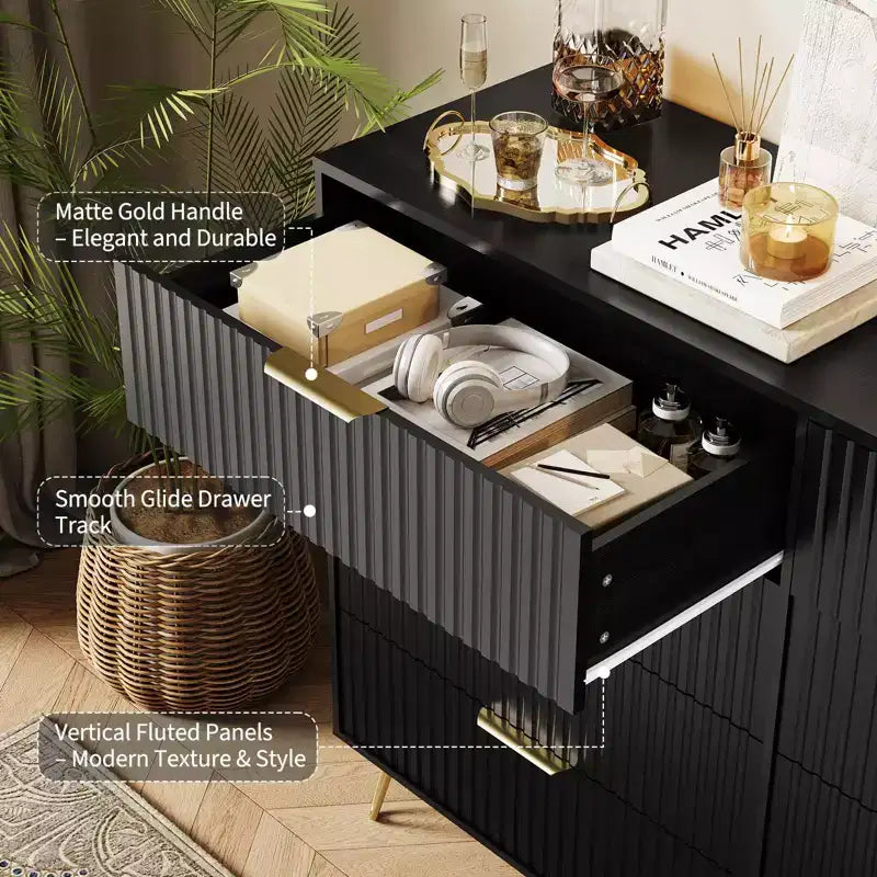 Cassettiera con 8 cassetti scanalati, comò in legno moderno largo 55 cm con maniglie in metallo, cassettiera da camera da letto e mobile TV per soggiorno