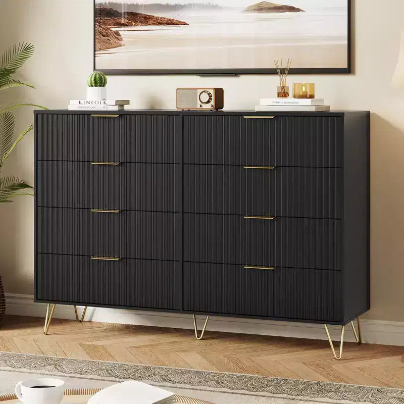 Cassettiera con 8 cassetti scanalati, comò in legno moderno largo 55 cm con maniglie in metallo, cassettiera da camera da letto e mobile TV per soggiorno
