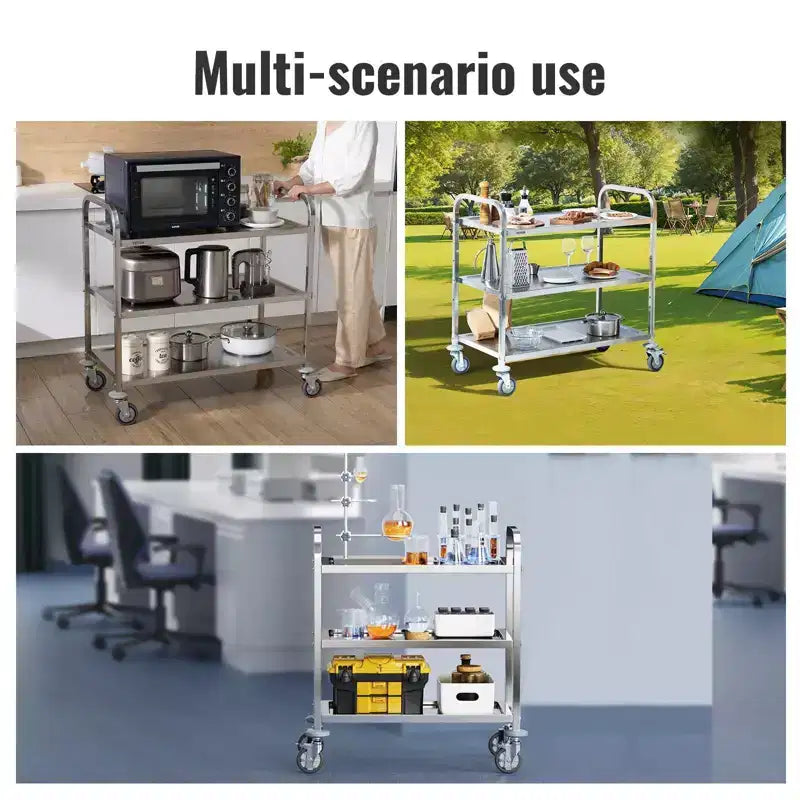 Carrello multiuso/medicale a 3 ripiani in acciaio inossidabile, 45,7 cm (18") H, ruote universali bloccabili, per laboratorio/clinica/cucina/salone