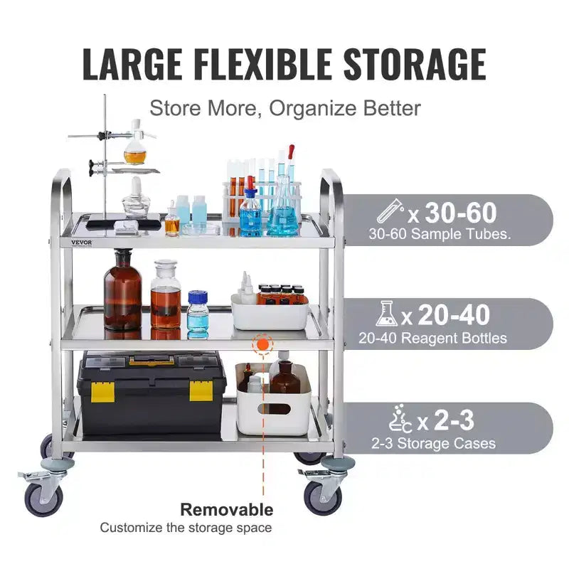 Carrello multiuso/medicale a 3 ripiani in acciaio inossidabile, 45,7 cm (18") H, ruote universali bloccabili, per laboratorio/clinica/cucina/salone
