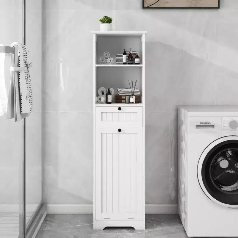 Mobiletto da Bagno con Cesto della Biancheria, Contenitore Ribaltabile con Ripiani Superiori e Cassetto per Bagno Lavanderia