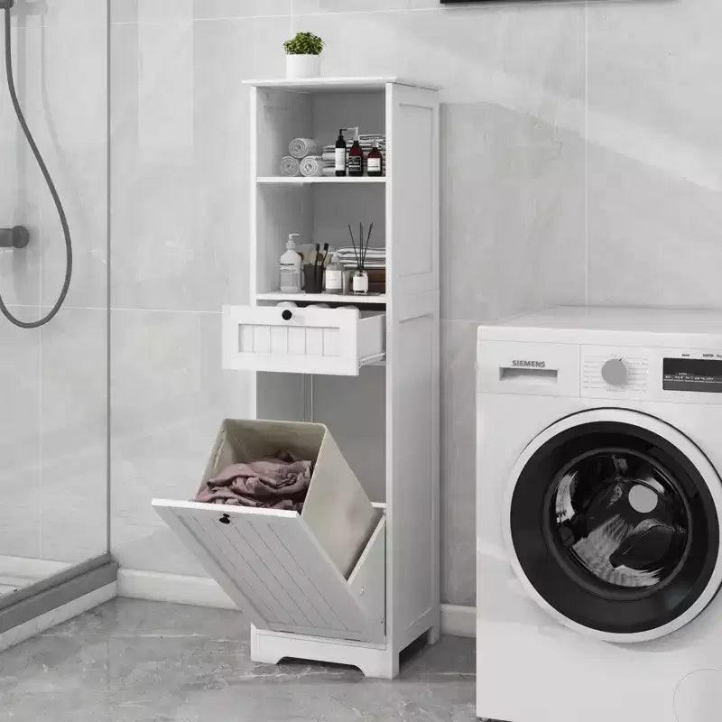 Mobiletto da Bagno con Cesto della Biancheria, Contenitore Ribaltabile con Ripiani Superiori e Cassetto per Bagno Lavanderia
