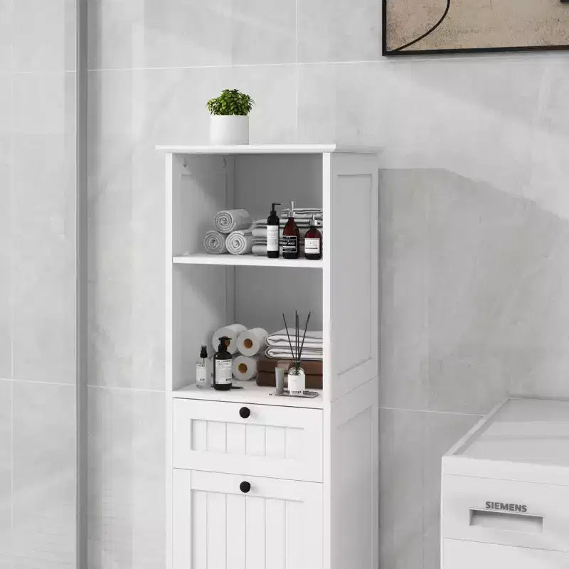Mobiletto da Bagno con Cesto della Biancheria, Contenitore Ribaltabile con Ripiani Superiori e Cassetto per Bagno Lavanderia