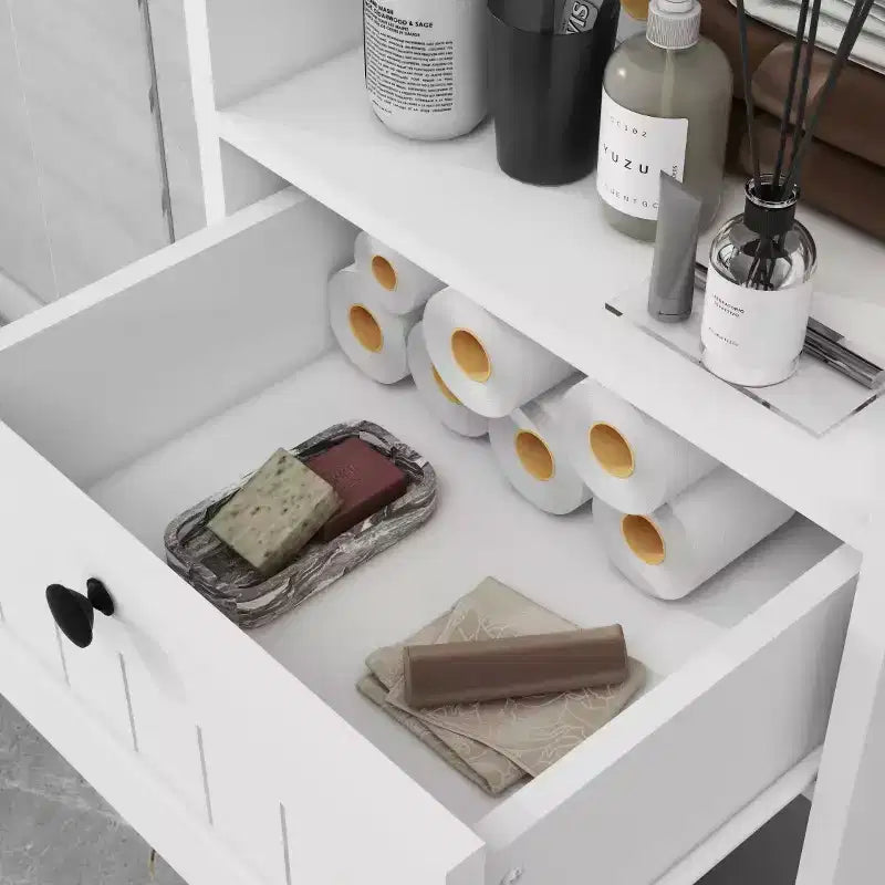 Mobiletto da Bagno con Cesto della Biancheria, Contenitore Ribaltabile con Ripiani Superiori e Cassetto per Bagno Lavanderia