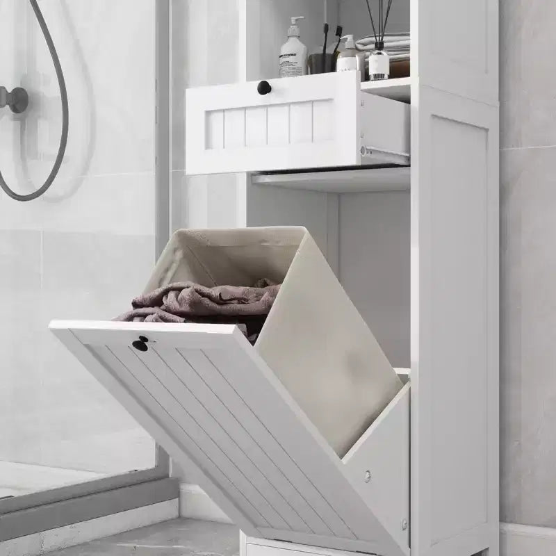 Mobiletto da Bagno con Cesto della Biancheria, Contenitore Ribaltabile con Ripiani Superiori e Cassetto per Bagno Lavanderia