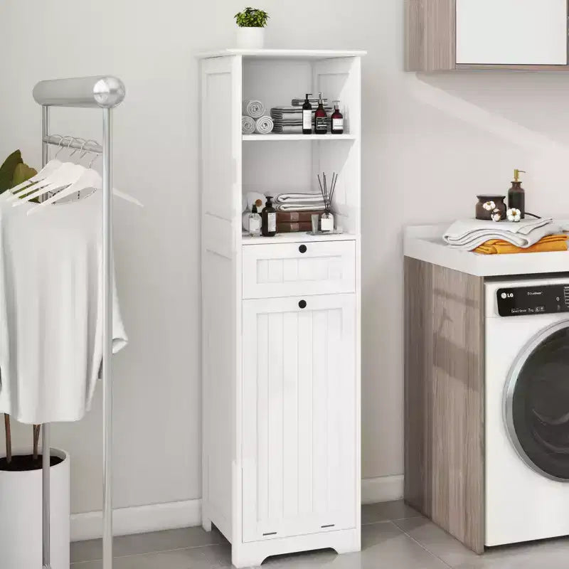 Mobiletto da Bagno con Cesto della Biancheria, Contenitore Ribaltabile con Ripiani Superiori e Cassetto per Bagno Lavanderia