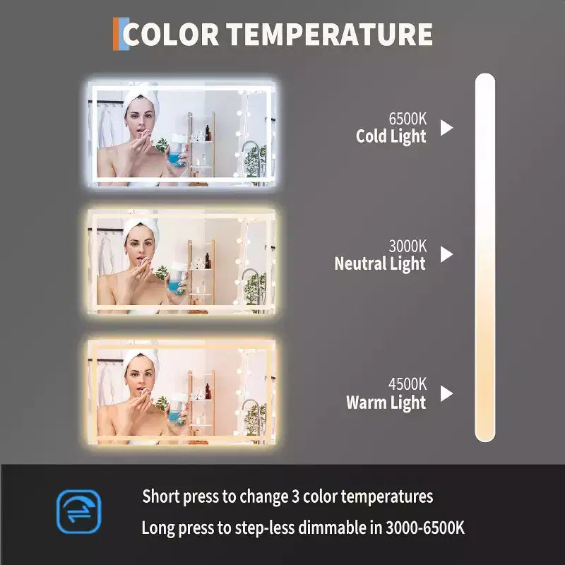 Specchio da bagno a LED 50x28 pollici con luci, specchio da trucco anti-appannamento dimmerabile