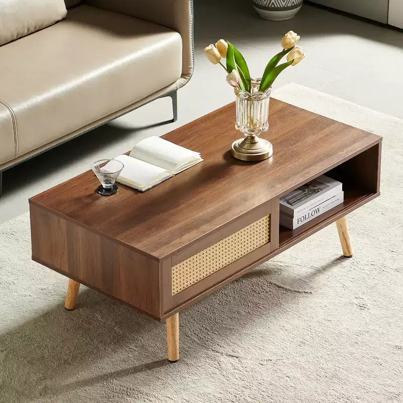 Tavolino in rattan da 41,34 pollici, anta scorrevole per riporre oggetti, gambe in legno massello, tavolo moderno per soggiorno, noce