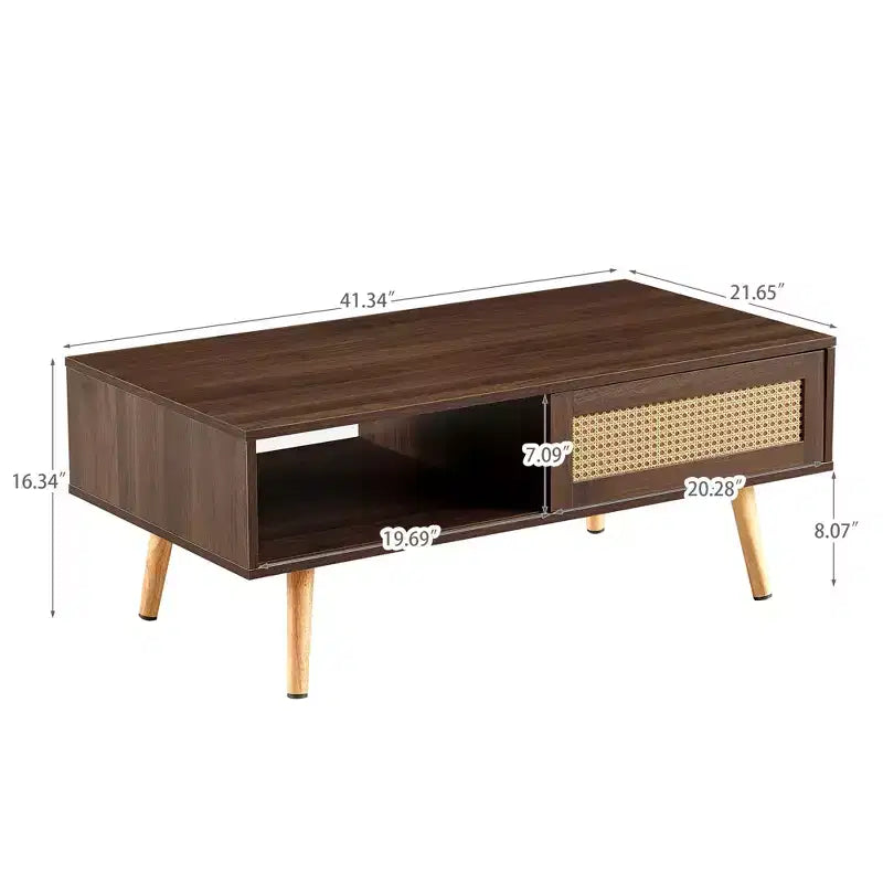 Tavolino in rattan da 41,34 pollici, anta scorrevole per riporre oggetti, gambe in legno massello, tavolo moderno per soggiorno, noce
